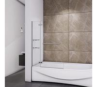 Acezanble Pare-baignoire 100x140cm avec les étagères, porte-serviette，5mm verre trempé transparent，pare de douche pivotant