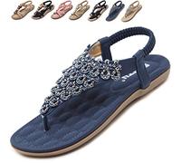 Acfoda Sandales Femme Été Confortable Plats Nu Pieds Cuir Tong de Plage Mode Claquettes Bout Ouvert avec Strass Talla Bleu 41 = FabricantTaille 42