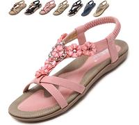 Acfoda Sandales Femme Été Confortable Plats Nu Pieds Cuir Tong de Plage Mode Claquettes Bout Ouvert avec Strass Rose 35