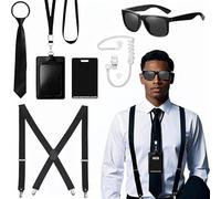 Achbeah Accessoire Déguisement Agent Secret, Kit Espion Service Secret avec Lunettes Noires, Cravate Zip, Écouteur, Carte ID et Porte-Carte pour Hommes Femmes Enfants, Fête Cosplay Déguisement