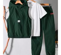 Achetez-en 2, obtenez-en 1 gratuitement, 3 pièces Ensemble décontracté de sweat-shirt à capuche, gilet et pantalon à taille élastique minimaliste pratique et confortable, avec un t-shirt bonus, multip