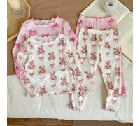 Achetez-en 3, obtenez-en 1 gratuitement, rapport qualité-prix élevé, ensemble de 4 pièces mignon de vêtements d'intérieur pour bébé fille avec motif nœud, motif de dessin animé tricoté décontracté, ma