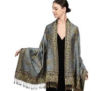 Achillea Écharpe pashmina réversible douce et soyeuse avec franges, bleu acier, 28" W x 76" L