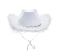 Achlibe Chapeau de cowboy pour femme - Couleur unie - Plumes - Large bord - Protection solaire - Accessoire de fête, blanc, taille unique