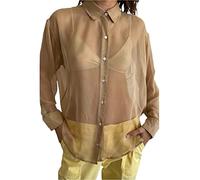Achlibe Chemisier à col à revers pour femme, chemise transparente à manches longues boutonnée, kaki, S