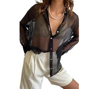 Achlibe Chemisier à col à revers pour femme, chemise transparente à manches longues boutonnée, Noir , S