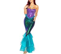 Achlibe Costume de sirène pour adulte - Sans bretelles - Tube à paillettes - Longue queue - Costume d'Halloween, a-bleu, L