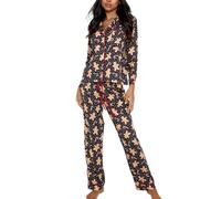 Achlibe Ensemble de pyjamas pour femme Noël 2 pièces Manches longues Chemise boutonnée Pantalon long Imprimé Bonhomme de pain d'épices Tenue de détente, a-noir, M