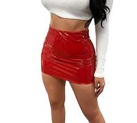Achlibe Jupe crayon moulante en cuir PU effet mouillé pour femme - Mini jupe sexy taille haute - Jupe droite pour club, Rouge, 44