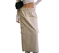 Achlibe Jupes longues cargo Y2k pour femme - Uni - Cordon de serrage - Taille élastique - Midi - Jupe Harajuku avec poches - Streetwear, a-beige, 44