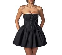Achlibe Mini robe corset sans bretelles avec bordure en dentelle de couleur unie - Robe courte de fête extensible pour femme, Noir , S