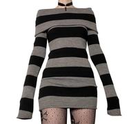 Achlibe Mini robe moulante à rayures et col bateau à manches longues pour femme, robe courte pour le printemps et l'automne, robe enveloppée au niveau des hanches Y2K, Noir , S