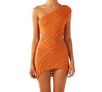 Achlibe Mini robe tricotée ajourée sans manches pour femme - Épaule dénudée - Crochet - Robe de plage transparente, A-orange, L