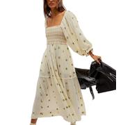 Achlibe Robe florale bohème à manches longues et col carré à volants pour femme, A-h-beige, M