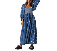 Achlibe Robe florale bohème à manches longues et col carré à volants pour femme, A-h-bleu foncé, M