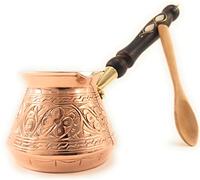 ACI Series Cafetière turque grecque arabe en cuivre massif gravé avec poignée en bois, machine à café Jazzve, Cezve, Ibrik, Briki, Café Turco