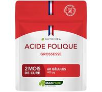 ACIDE FOLIQUE - Vitamine B9 - Assimilation Supérieure - Complément Pour Femme Enceinte - Réduit la Fatigue - 60 Gélules Vegan - Fabriqué en France - Nutrimea