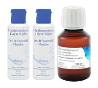 Acide hyaluronique - 2 x 50 ml de gel anti-âge jour et nuit hautement dosé - Flacon à faire soi-même plus 1 x 100 ml d'eau pure - Qualité Herrlan - Fabriqué en Allemagne