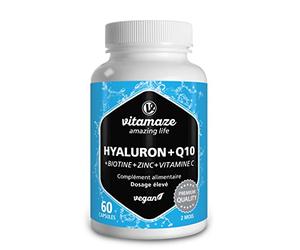 Acide Hyaluronique + Coenzyme Q10 - Enrichi en Biotin, Zinc et Vitamin C - 60 Geules à Fort Dosage por 2 Mois - Formulé pour la Peau, Cheveux & les Articulations - Vitamaze