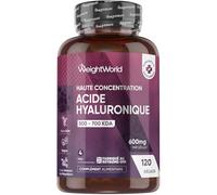 Acide Hyaluronique en Gélules 600mg, 120 Gélules Vegan pour 4 Mois, 500-700 kDa Acide Hyaluronique sous Forme d'Hyaluronate de Sodium, sans OGM ni Stéarate de Magnésium