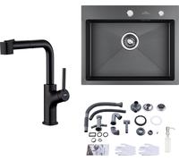 Acier inoxydable cuisine évier encastré 55 × 45 CM + haute pression noir extensible robinet de cuisine