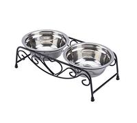 Acier Inoxydable Double Chien Chat Nourriture Bols d'eau Mangeoire Plats étagère Support pour Chat Chiot Couleur Noire Taille 26x14x8.5cm