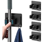 Acier inoxydable Porte Balai, Support Mural Balai Auto Adhésif Accroche Balai Mural sans Perçage Mop Support avec Crochets pour Cuisine Salle de Bain Jardin- Noir