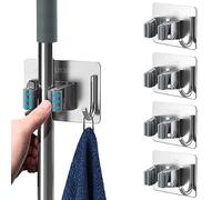 Acier inoxydable Porte Balai, Support Mural Balai Auto Adhésif Accroche Balai Mural sans Perçage Mop Support avec Crochets pour Cuisine Salle de Bain Jardin- Gris