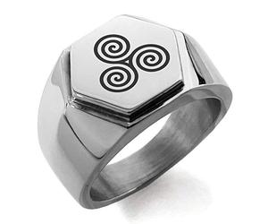 Acier Inoxydable Triskele Celtique Triskelion Triple Spirale Bague polie de Style Motard à Sommet Plat et crête hexagonale, Taille 58
