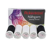 Ackermann Lot de 5 fils universels 200 m d'épaisseur 120 % polyester indéchirable, Polyester, 3 x blanc + 2 x noir.