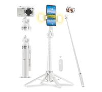 ACKIMA Perche à selfie de 133 cm avec lumière, trépied amélioré à 4 pieds pour téléphone portable avec télécommande sans fil rechargeable et 2 lumières de remplissage, perche à selfie portable