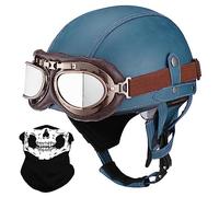 ACLFFSHOP Open Face Moto Style Allemand Casque Rétro Cuir Half Casque, ECE Homologué, avec Pare-Soleil Lunettes d'aviateur, pour Vélos Motos Scooter Toutes Les Saisons