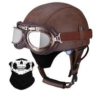 ACLFFSHOP Open Face Moto Style Allemand Casque Rétro Cuir Half Casque, ECE Homologué, avec Pare-Soleil Lunettes d'aviateur, pour Vélos Motos Scooter Toutes Les Saisons