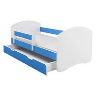 ACMA II Lit Junior 140x70 cm Bleu avec Matelas et Sommier à Lattes - Lit Enfant avec Barrières de Sécurité, Supporte Jusqu’à 120 kg, Version avec Tiroir