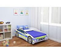 ACMA lit d'adolescent lit d'enfant lit de voiture Junior Cars lit set complet avec matelas sommier à lattes et protection contre les chutes 140x70 cm - Police -1 + NOM