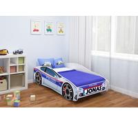 ACMA lit d'adolescent lit d'enfant lit de voiture Junior Cars lit set complet avec matelas, sommier et protection contre les chutes 140x70 cm - police -3 + NOM
