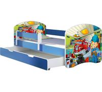 ACMA lit d'adolescent lit d'enfant lit junior set complet avec matelas sommier à lattes et antichute bleu 45 mécanicien 140x70 + coffre de lit