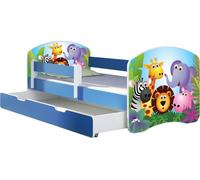 ACMA lit d'adolescent lit d'enfant lit junior set complet avec matelas sommier à lattes et protection antichute bleu 01 Zoo 180x80 + coffre de lit