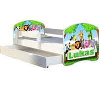 ACMA lit d'adolescent lit d'enfant lit junior set complet avec matelas sommier à lattes et protection contre les chutes blanc 01 Zoo Nom 180x80 + coffre de lit