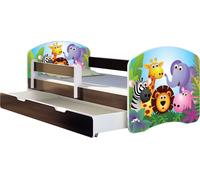 ACMA lit d'adolescent lit d'enfant lit junior set complet avec matelas sommier à lattes et protection contre les chutes wengé 01 zoo 180x80 + coffre de lit
