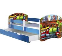 ACMA lit d'adolescent lit d'enfant lit junior set complet avec matelas sommier à lattes et protection antichute bleu 44 locomotive 180x80 + coffre de lit