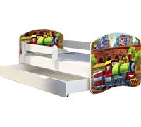ACMA lit d'adolescent lit d'enfant lit junior set complet avec matelas sommier à lattes et protection antichute blanc 44 locomotive 180x80 + coffre de lit