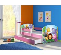 ACMA lit d'adolescent lit d'enfant lit junior set complet avec matelas sommier à lattes et protection antichute rose 01 Zoo 160x80 + coffre de lit