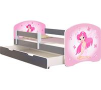 ACMA lit d'adolescent lit d'enfant lit junior set complet avec matelas sommier à lattes et protection antichute gris 07 rose fée 180x80 + coffre de lit