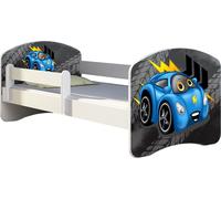 ACMA lit d'adolescent lit d'enfant lit junior set complet avec matelas sommier à lattes et protection antichute blanc 05 bleu voiture 140x70