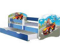 ACMA lit d'adolescent lit d'enfant lit junior set complet avec matelas sommier à lattes et protection antichute bleu 03 Racing Car 160x80 + coffre de lit