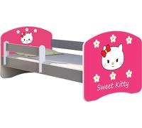 ACMA lit d'adolescent lit d'enfant lit junior set complet avec matelas sommier à lattes et protection antichute gris 16 Sweet Kitty 2 140x70