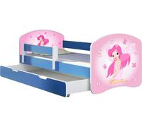ACMA lit d'adolescent lit d'enfant lit junior set complet avec matelas sommier à lattes et protection antichute bleu 07 rose fée 140x70 + coffre de lit