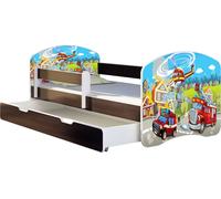 ACMA lit d'adolescent lit d'enfant lit junior set complet avec matelas sommier à lattes et protection contre les chutes wengé 36 pompier 160x80 + coffre de lit