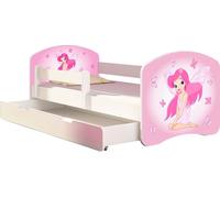 ACMA lit d'adolescent lit d'enfant lit junior set complet avec matelas sommier à lattes et protection contre les chutes blanc 07 rose fée 180x80 + coffre de lit